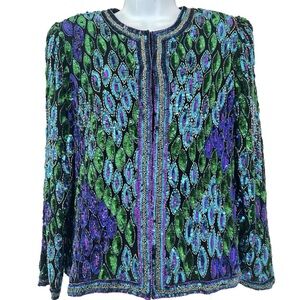 Lawerence Kazar 100% Silk Black Green Purple Embellished Vintage 80/90’s Blazer